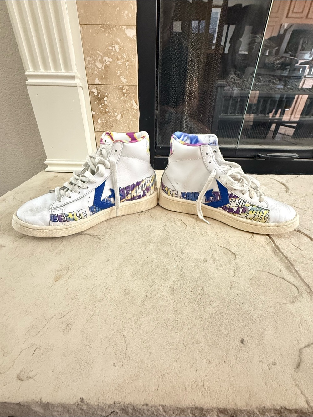 White High-Top Sneakers with Blue Side Logo and Multicolor Trim